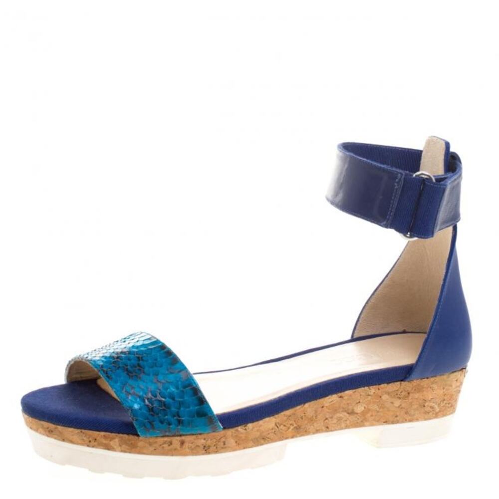 Jimmy Choo Blue Watersnake Ankle Strap Cork Sandals